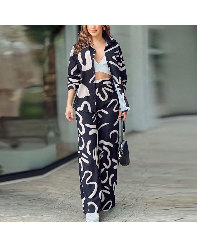 Conjunto de moda de invierno con camisa estampada de manga larga y pantalón de cintura alta. $39.31 Traje casual de moda