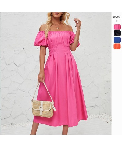 Vestido de color liso con cintura alta, plisado, manga corta y hombros descubiertos $29.74 Vestido