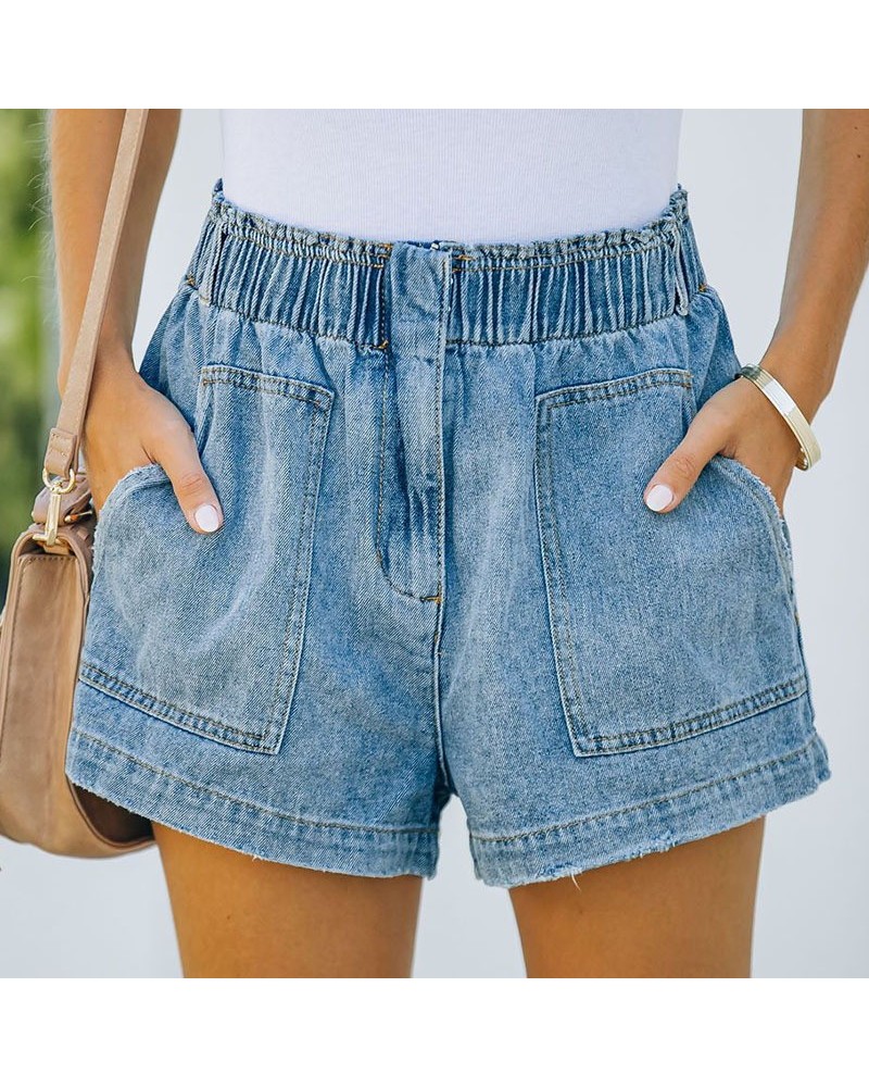 Short de mujer sencillo denim recto lavado con elástico y bolsillos $28.29 Jeans para mujeres