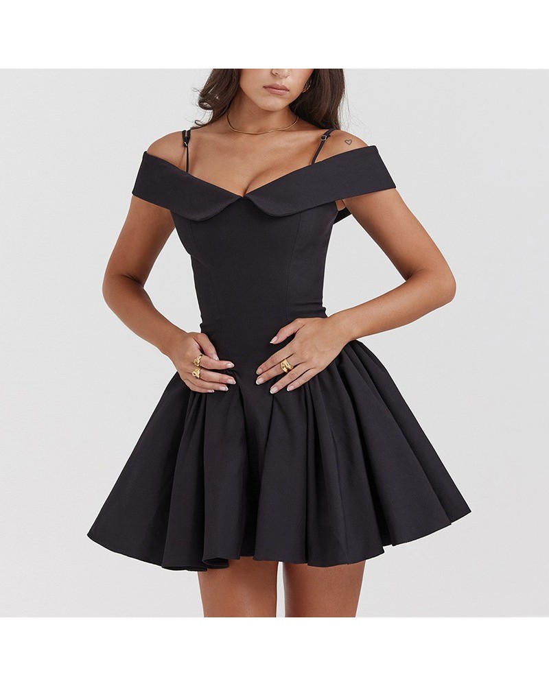 Vestido negro pequeño y sexy, vestido elegante de corte A con correa en la cintura para mujer $31.01 Vestido