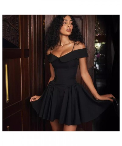 Vestido negro pequeño y sexy, vestido elegante de corte A con correa en la cintura para mujer $31.01 Vestido