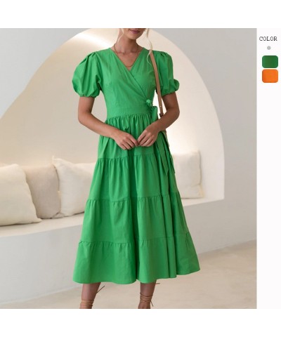 Vestido de cintura alta con cuello en V y mangas abullonadas para usar con falda larga $32.96 Vestido