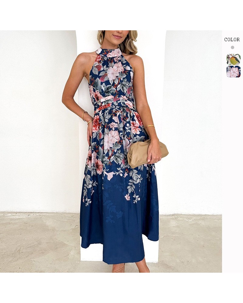 Vestido adelgazante con cintura estampada y cuello halter de moda $32.89 Vestido