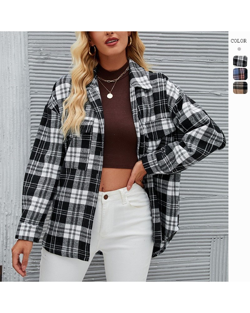 Chaqueta de lana holgada a cuadros de un solo pecho informal y de moda de otoño e invierno $27.56 Abrigo de lana para mujeres