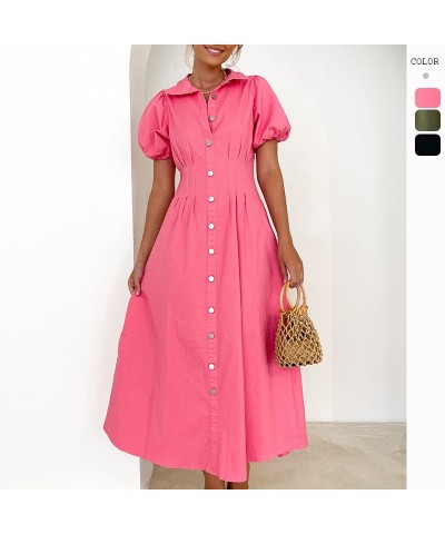 Mangas cuarto abullonadas, elegante vestido camisero de cintura alta. $37.44 Vestido