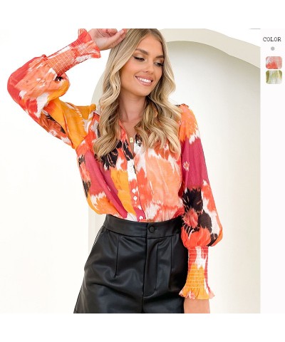 Cárdigan con cuello en V estampado para otoño e invierno, camisa con manga de linterna, tops de mujer a la moda $29.15 Camisa...