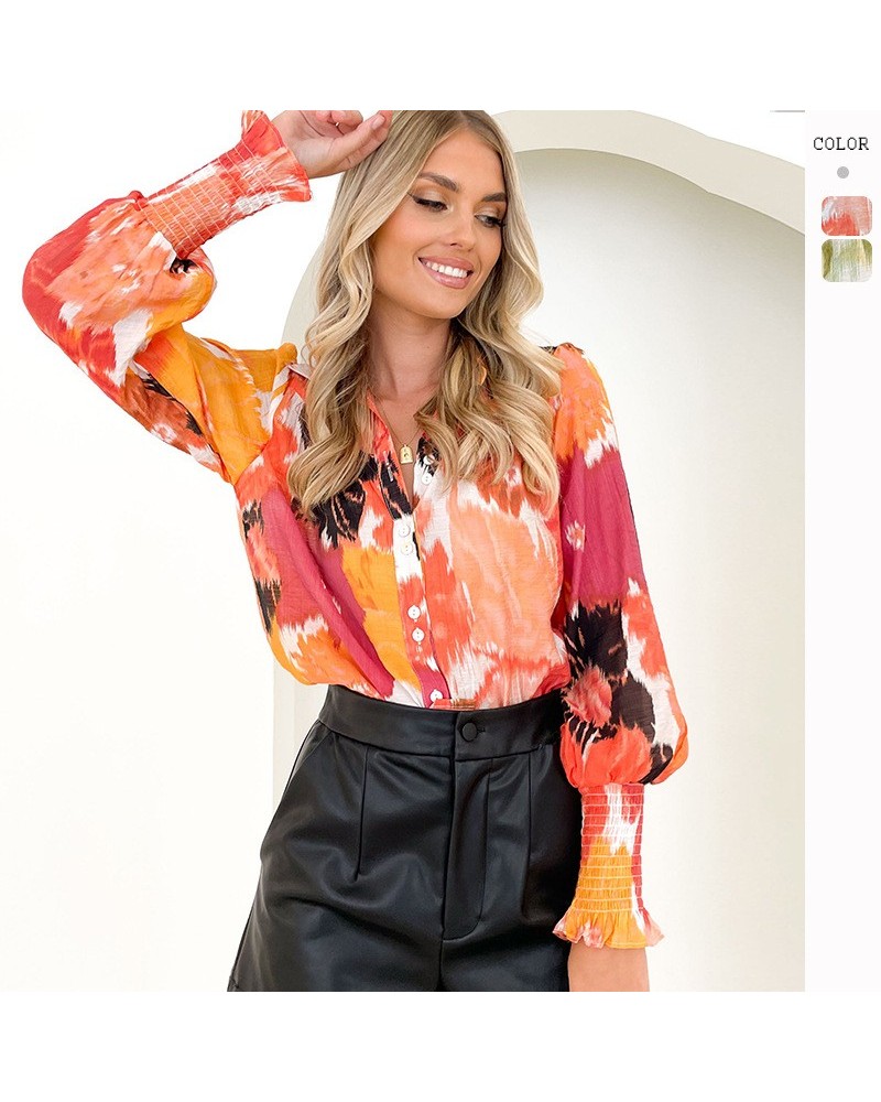 Cárdigan con cuello en V estampado para otoño e invierno, camisa con manga de linterna, tops de mujer a la moda $29.15 Camisa...