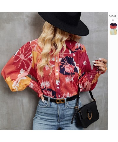 Camisa con manga linterna y estampado floral con solapa de otoño e invierno. $28.65 Camisa de mujer