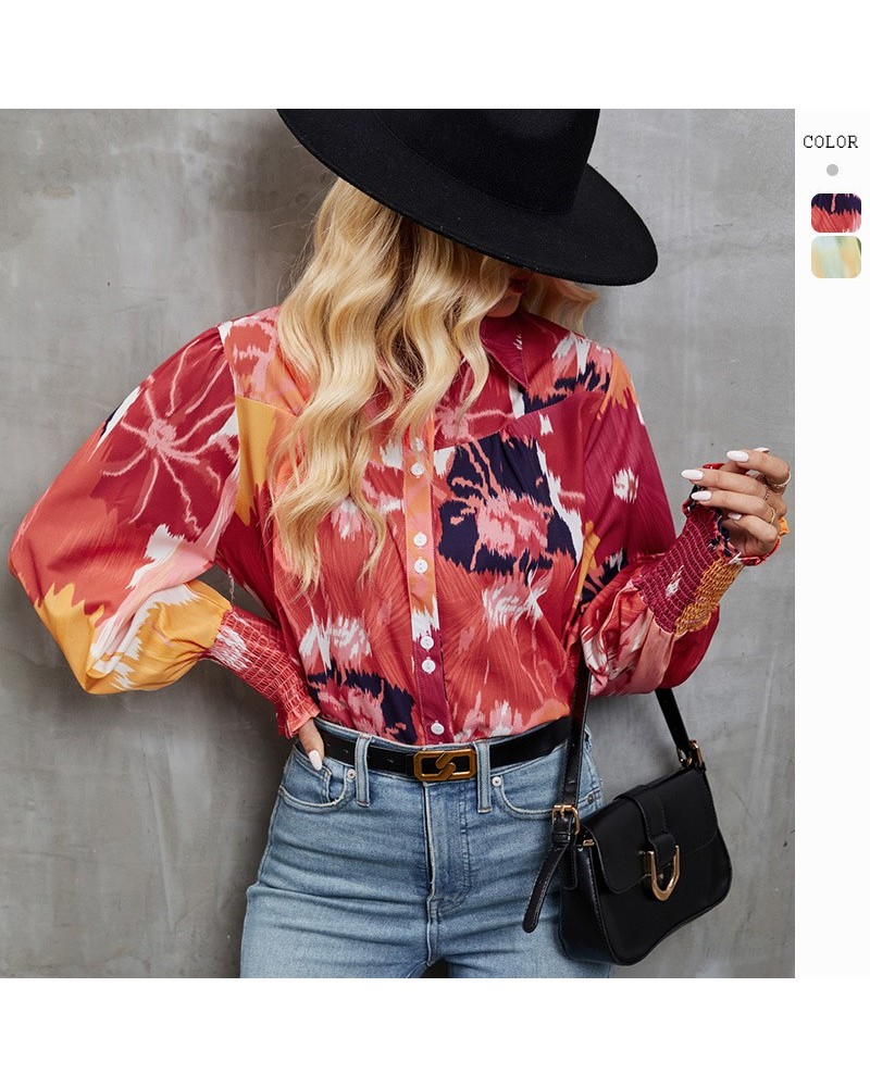 Camisa con manga linterna y estampado floral con solapa de otoño e invierno. $28.65 Camisa de mujer