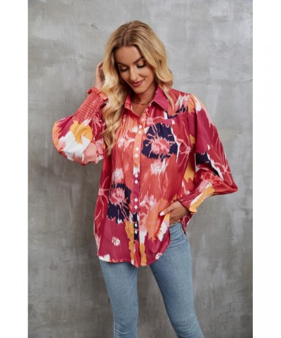 Camisa con manga linterna y estampado floral con solapa de otoño e invierno. $28.65 Camisa de mujer