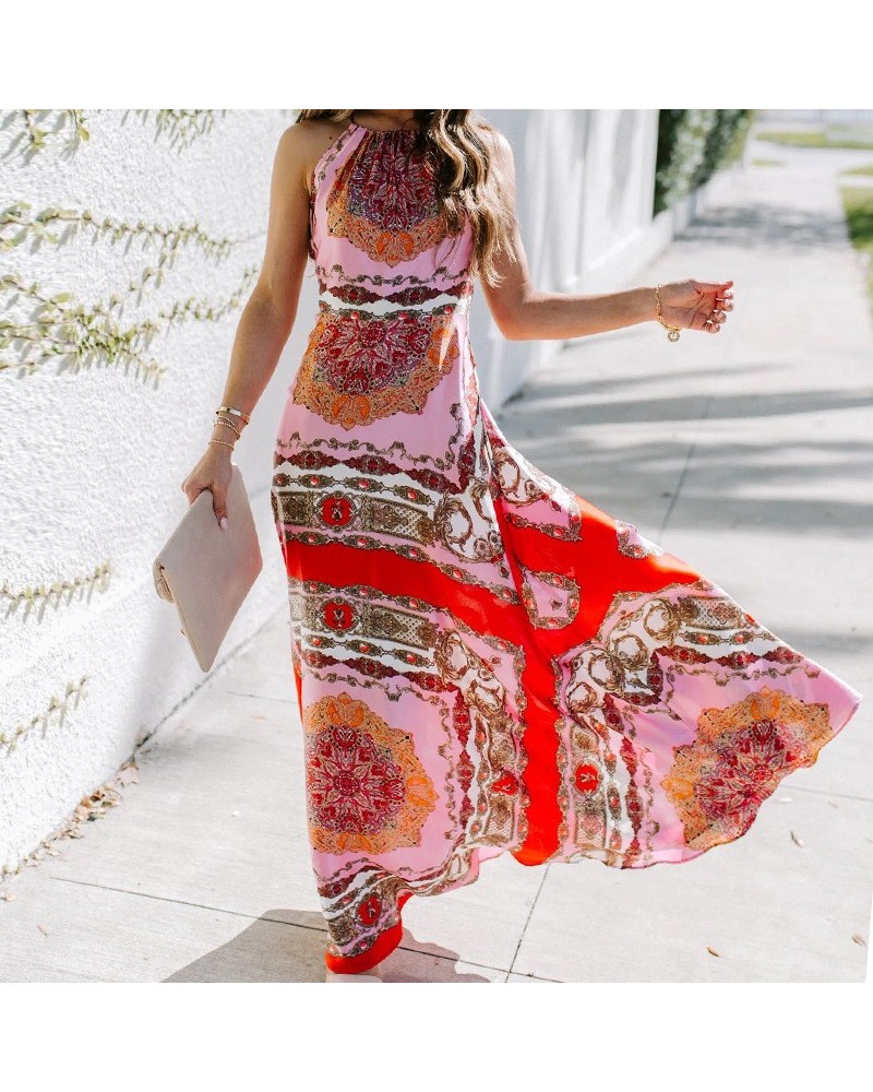 Vestido de playa bohemio con cuello halter y estampado exótico retro de verano $34.09 Vestido