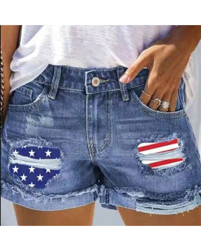 Pantalones cortos de mezclilla rectos de mujer sexy rasgados con puños de bandera $22.31 Jeans para mujeres