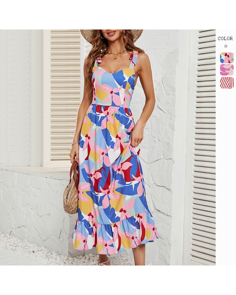 Vestido de vacaciones Falda con tirantes y volantes estampados con cuello en V $29.64 Vestido