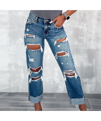 Pantalones rectos rasgados de cintura alta informales jeans largos estilo callejero $34.89 Jeans para mujeres