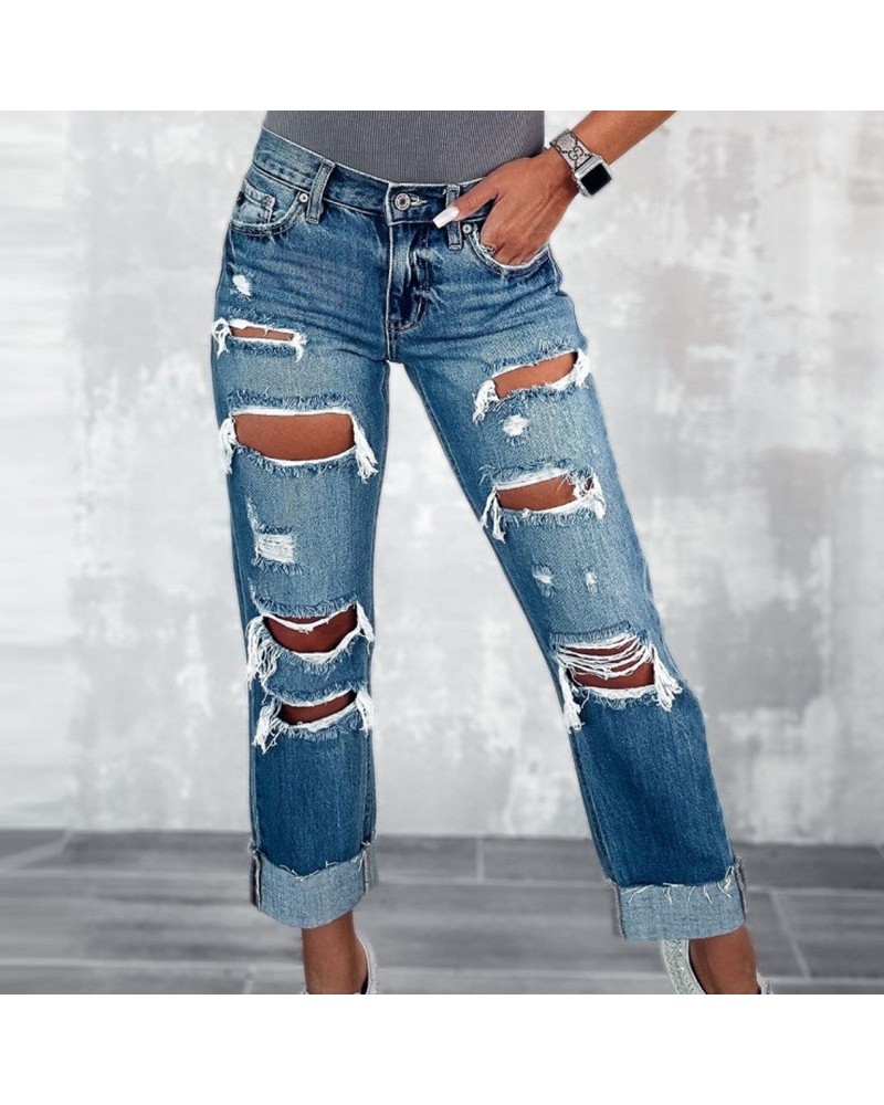 Pantalones rectos rasgados de cintura alta informales jeans largos estilo callejero $34.89 Jeans para mujeres