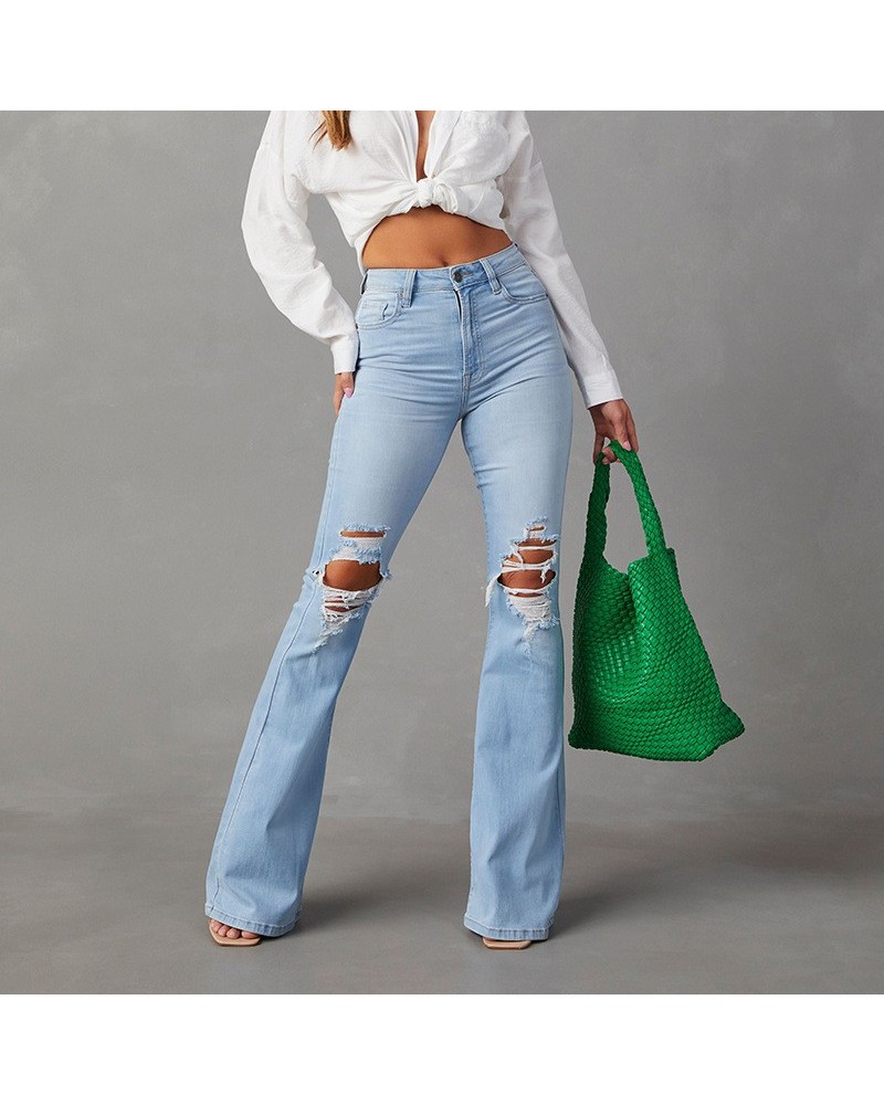 Pantalón ancho de denim lavado con rotos y talle alto para mujer $34.83 Jeans para mujeres