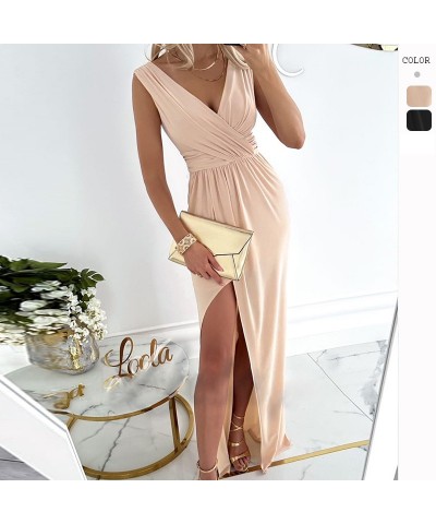 Vestido elegante con dobladillo con abertura y cuello en V sin mangas de color liso $30.75 Vestido