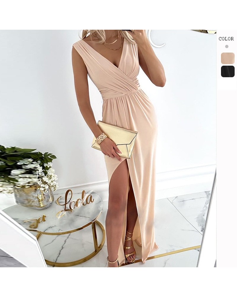 Vestido elegante con dobladillo con abertura y cuello en V sin mangas de color liso $30.75 Vestido