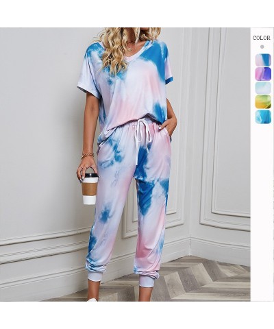 Traje deportivo casual de moda con cuello en V y efecto tie-dye para mujer $31.67 Traje casual de moda