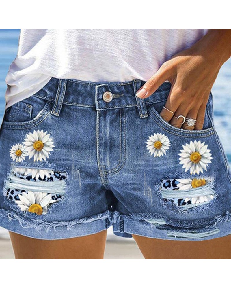 Shorts vaqueros con estampado floral y cintura alta $22.98 Jeans para mujeres