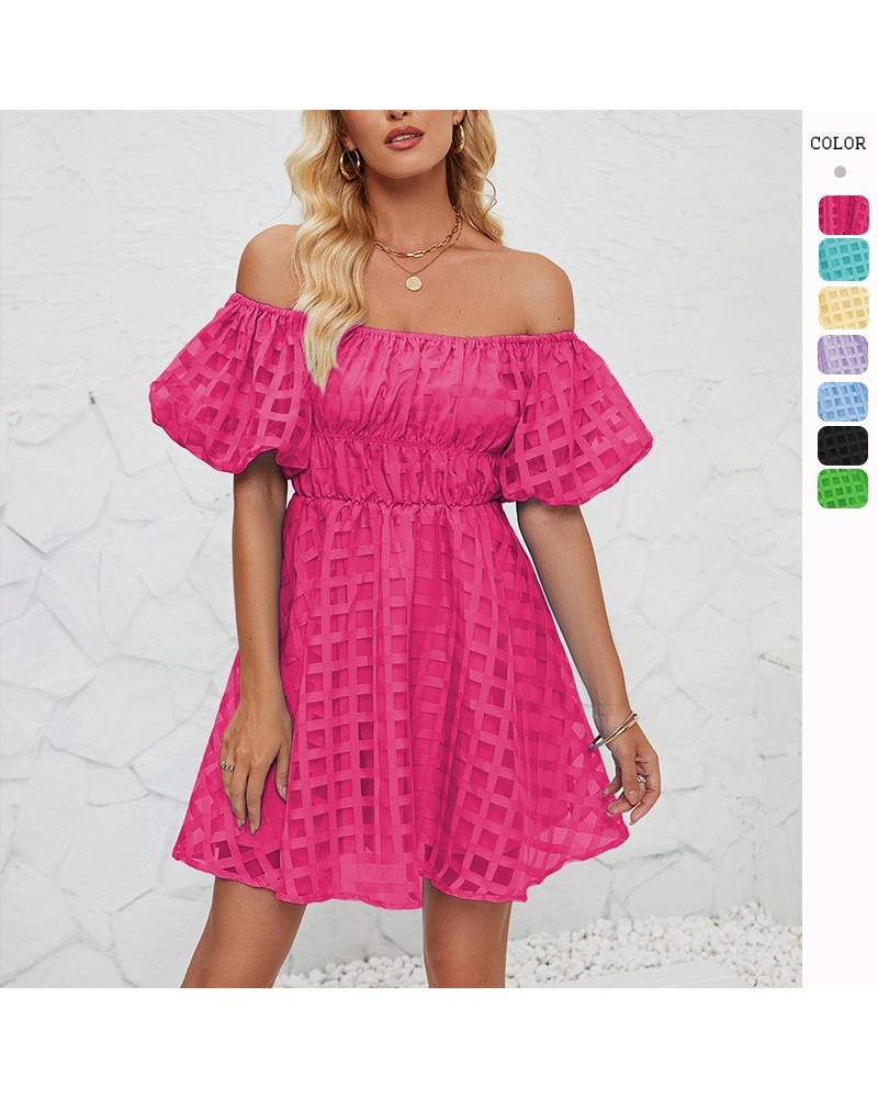 Minivestido plisado de cintura alta, manga corta y hombros descubiertos $31.46 Vestido