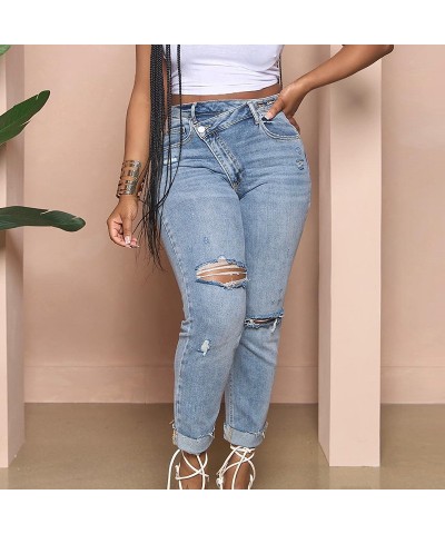 Vaqueros informales con hebilla elástica y rotos personalizados $42.43 Jeans para mujeres