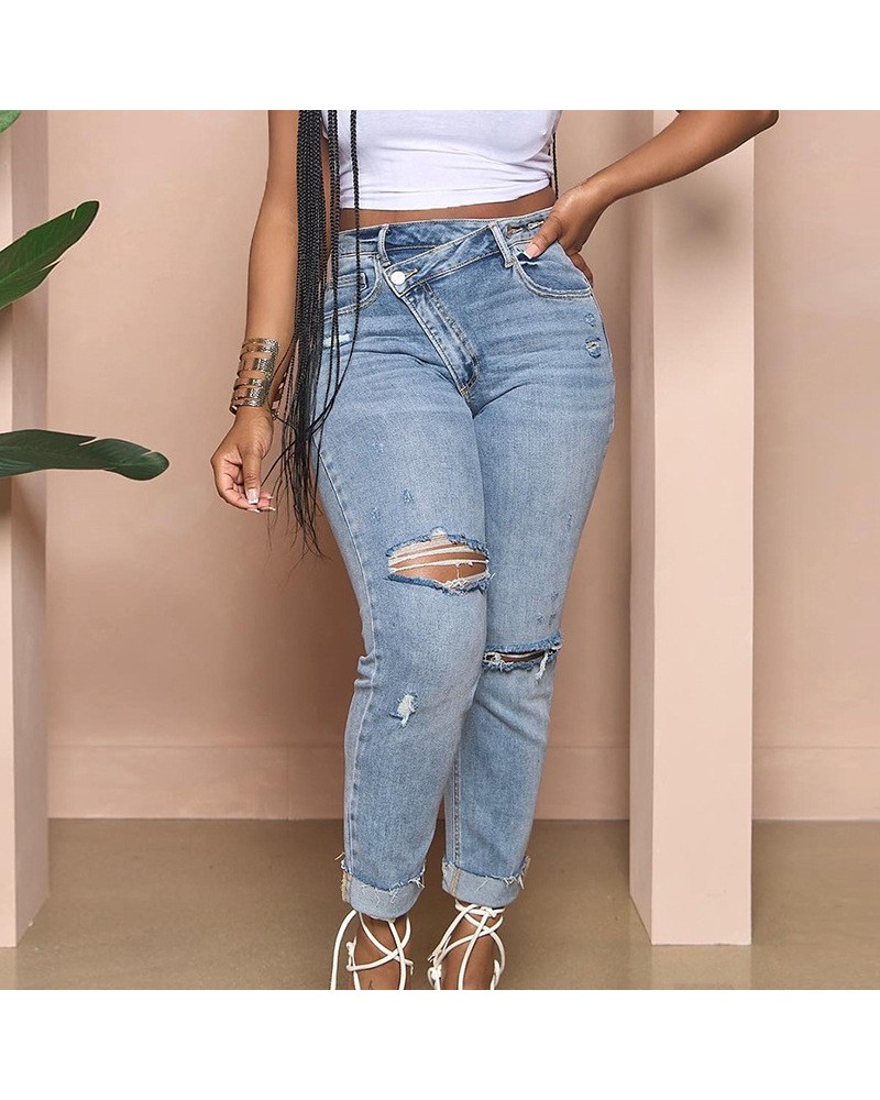 Vaqueros informales con hebilla elástica y rotos personalizados $42.43 Jeans para mujeres