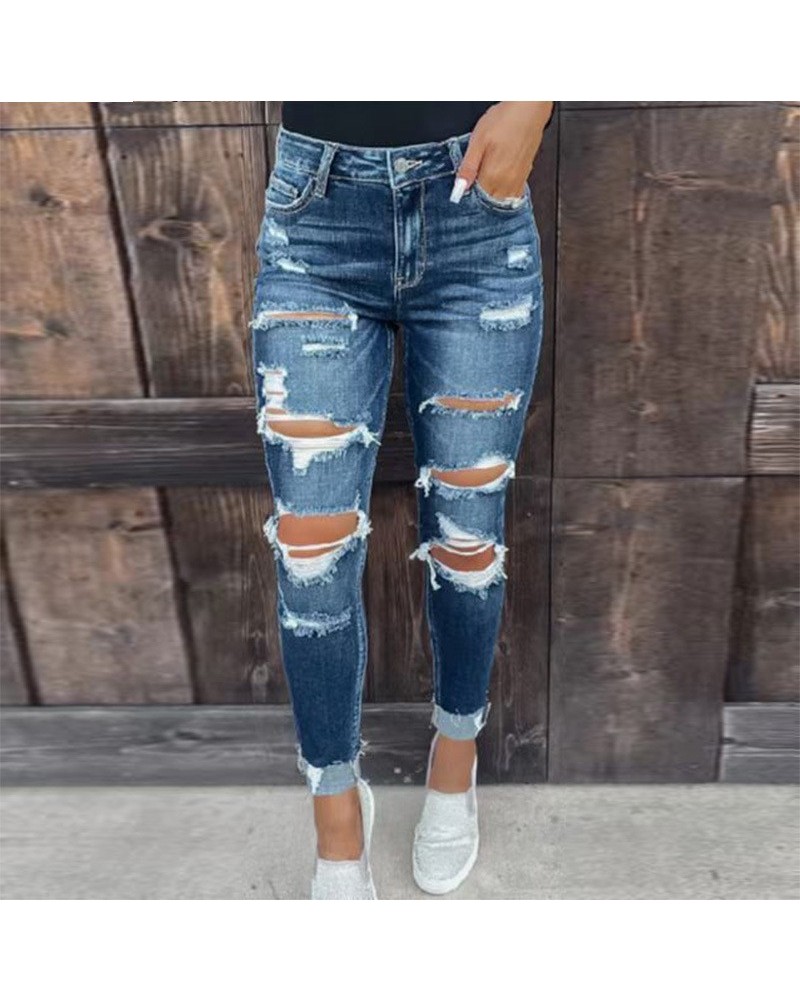 Pantalones pitillo de mezclilla rasgados elásticos, ajustados y a la moda, con temperamento $35.71 Jeans para mujeres