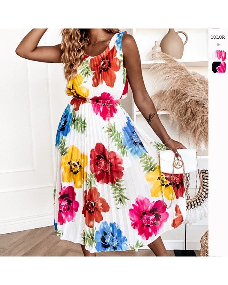 Vestido de vacaciones estampado con hombros descubiertos, falda larga sin mangas y dobladillo completo $31.43 Vestido