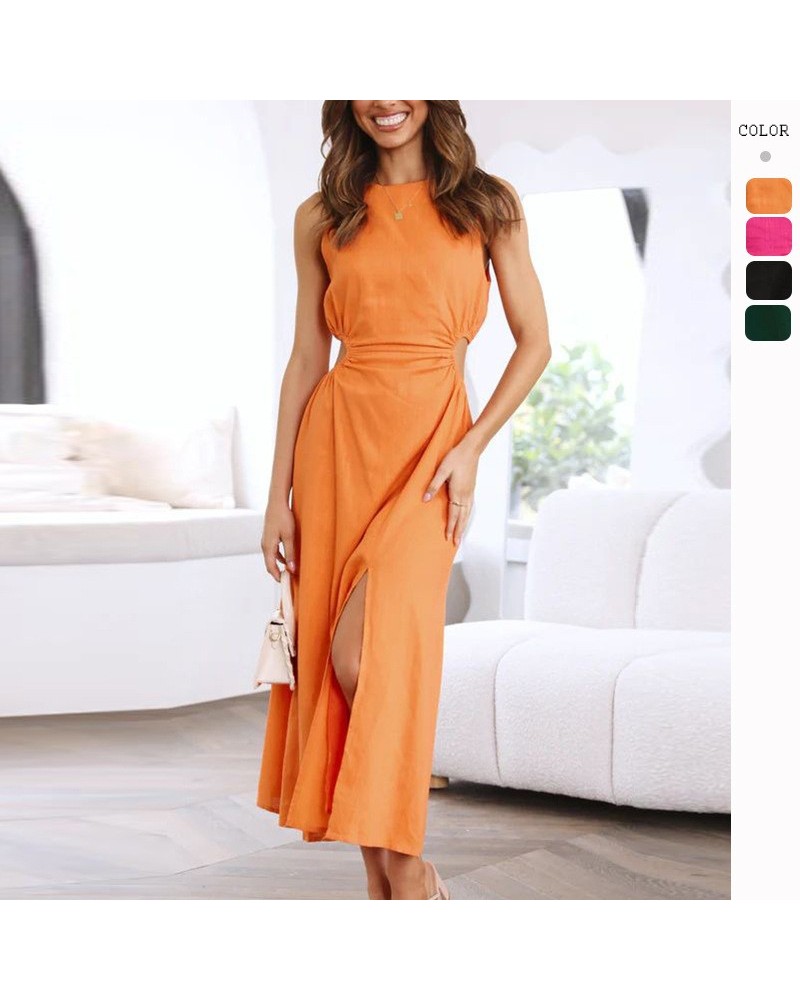 Vestido Falda de mujer con abertura que abraza la cadera y temperamento de color sólido con cuello redondo a la moda y sexy $...