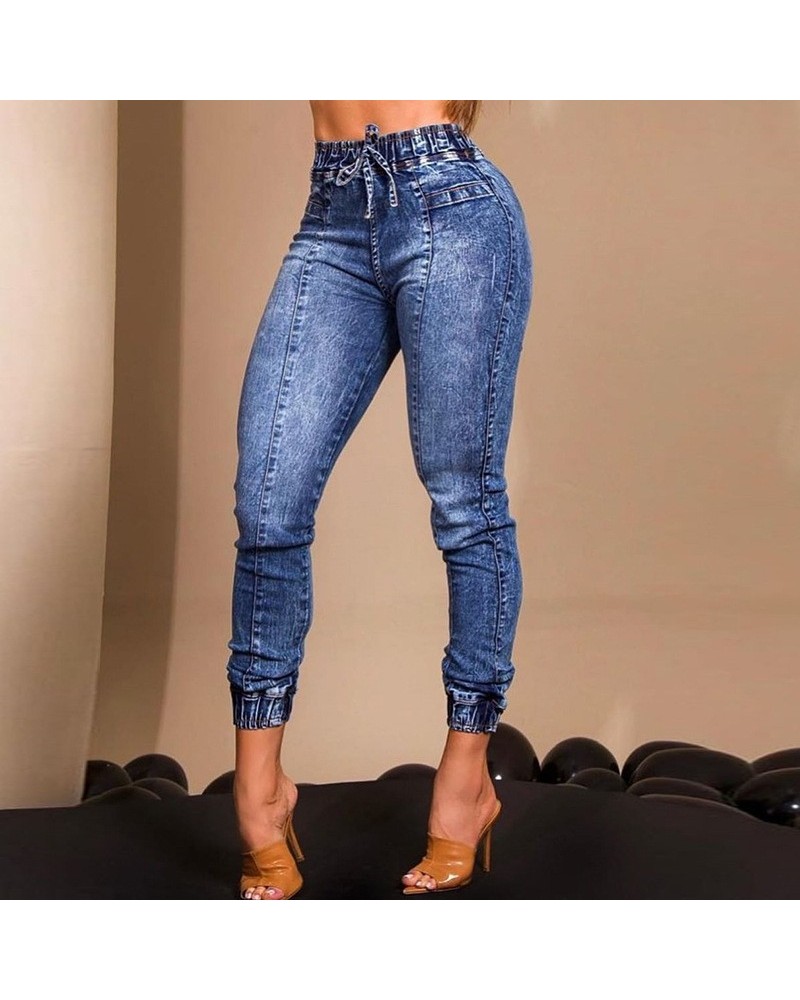 Vaqueros ajustados con lazo en la cintura elástica de moda $42.68 Jeans para mujeres