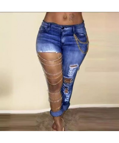 Pantalones pequeños de mezclilla con dije de cadena de jeans rasgados grandes $33.07 Jeans para mujeres