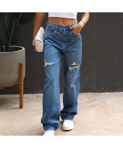 Pantalones vaqueros rasgados casuales sueltos de cintura alta pantalones rectos de pierna ancha lavados $35.49 Jeans para muj...