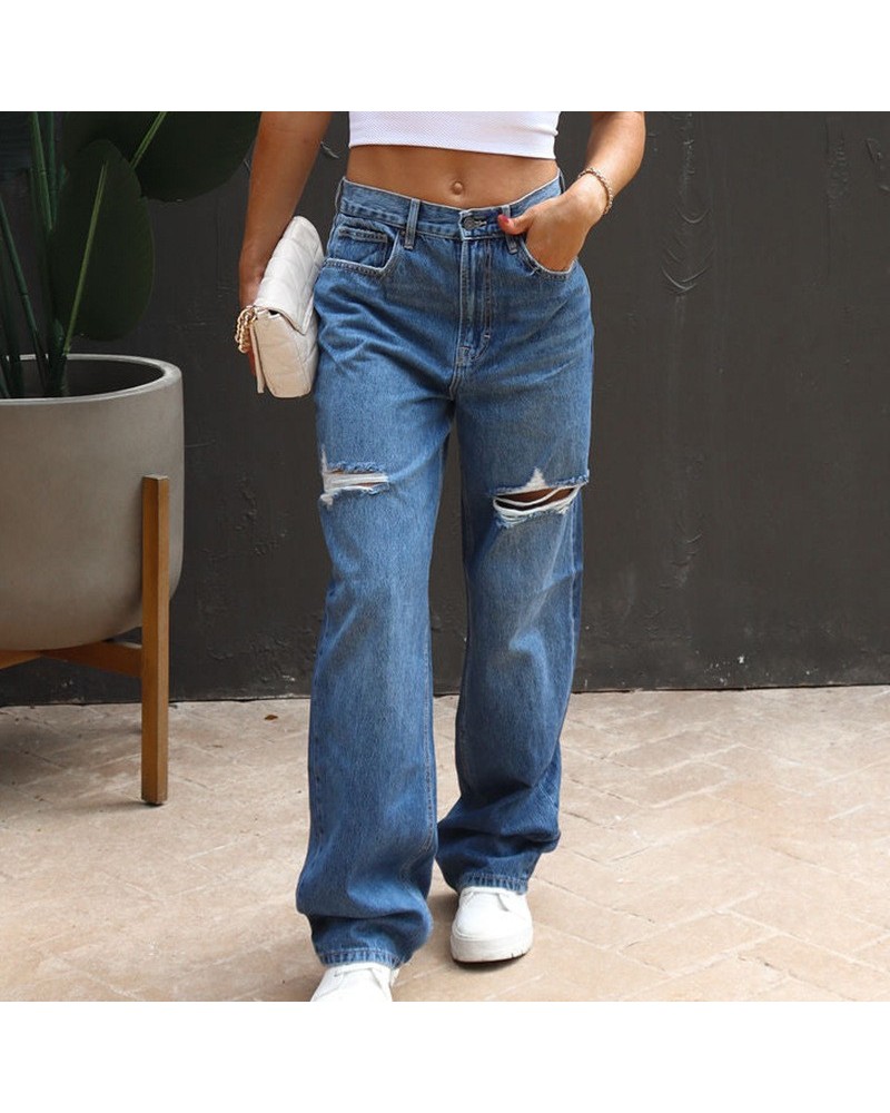 Pantalones vaqueros rasgados casuales sueltos de cintura alta pantalones rectos de pierna ancha lavados $35.49 Jeans para muj...