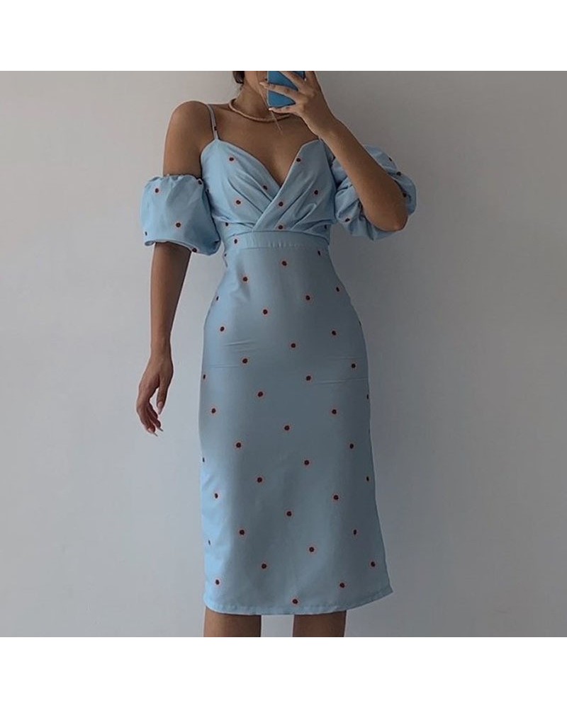 Vestido de manga abullonada con tirantes y estampado fresco de primavera y verano $27.66 Vestido