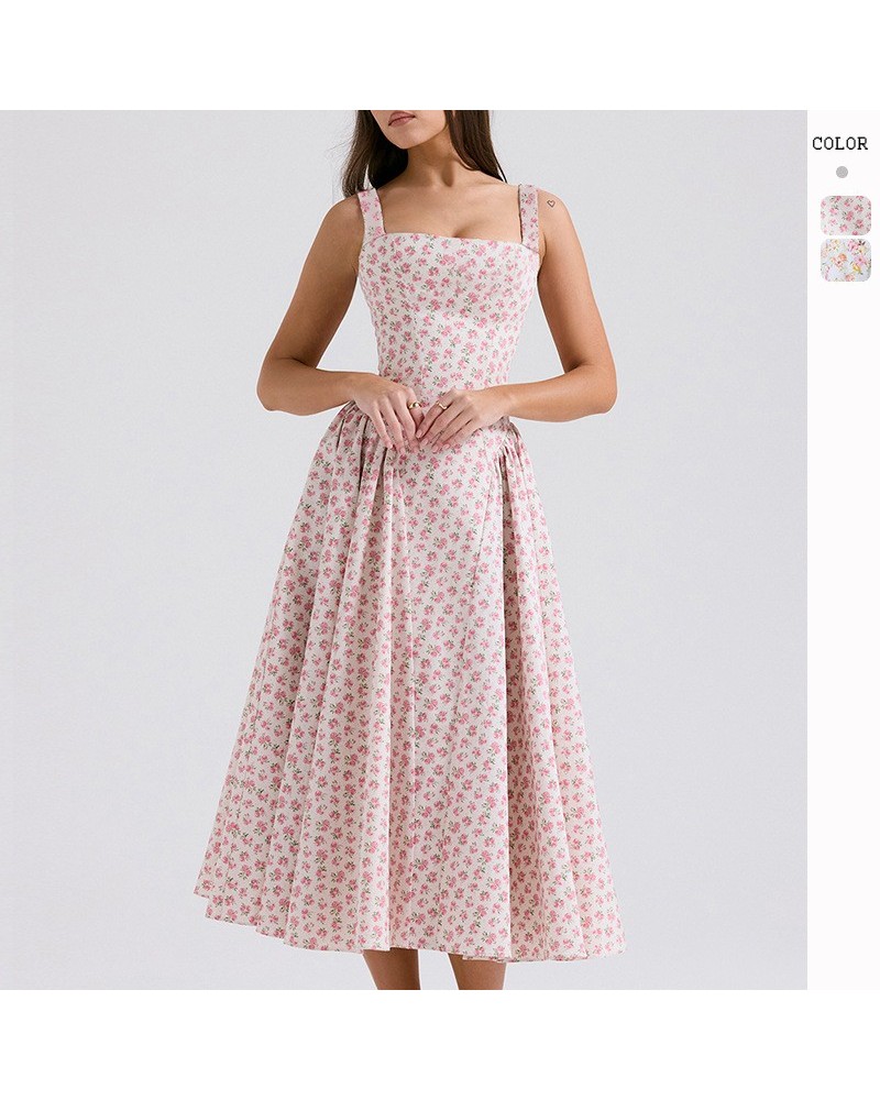 Vestido de falda amplia estilo francés elegante con estampado floral y espalda descubierta $37.67 Vestido