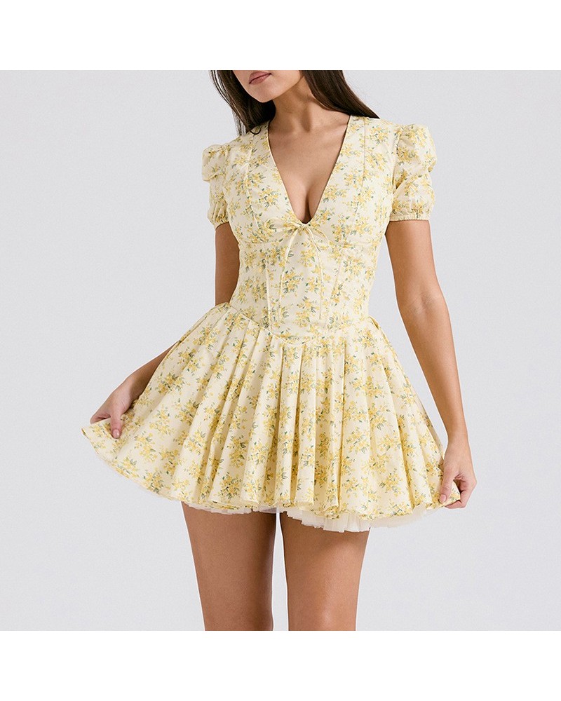 Falda acampanada para niña con cintura y manga abombada floral dulce francés $35.88 Vestido