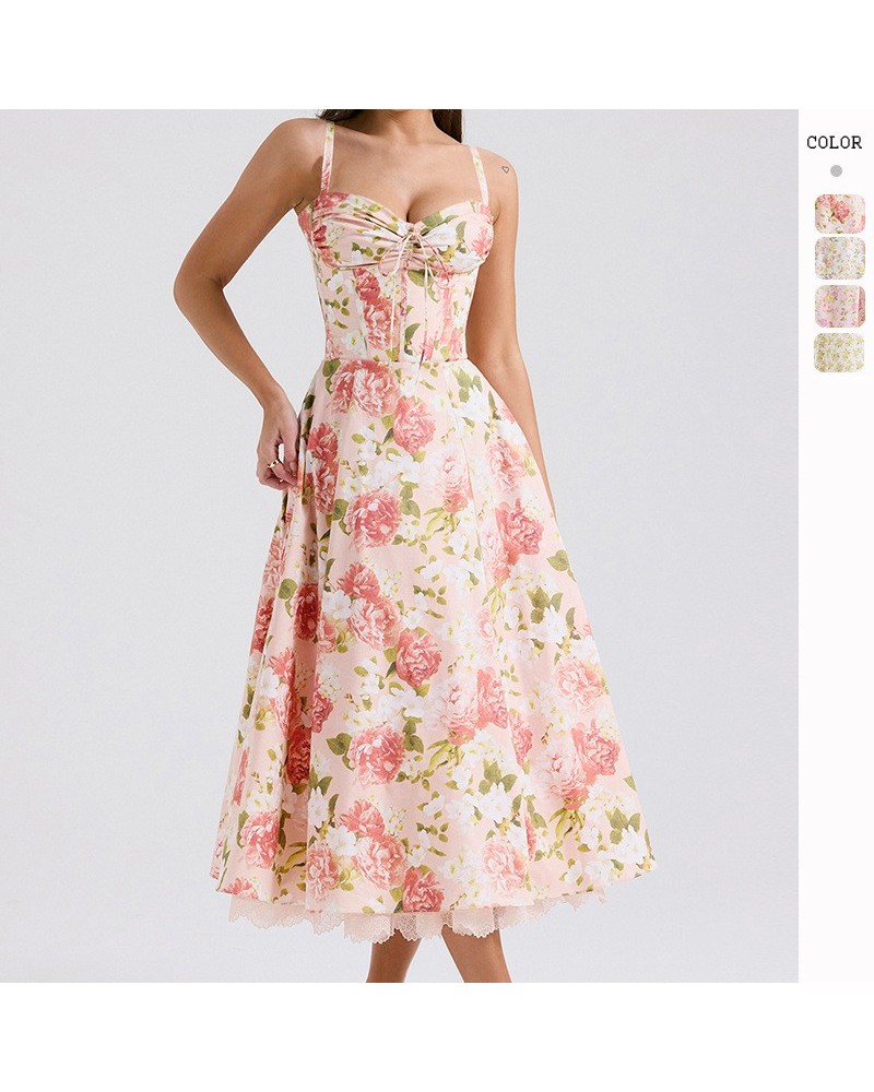 Falda larga con tirantes florales adelgazantes, estilo suave, floral, con temperamento $41.41 Vestido