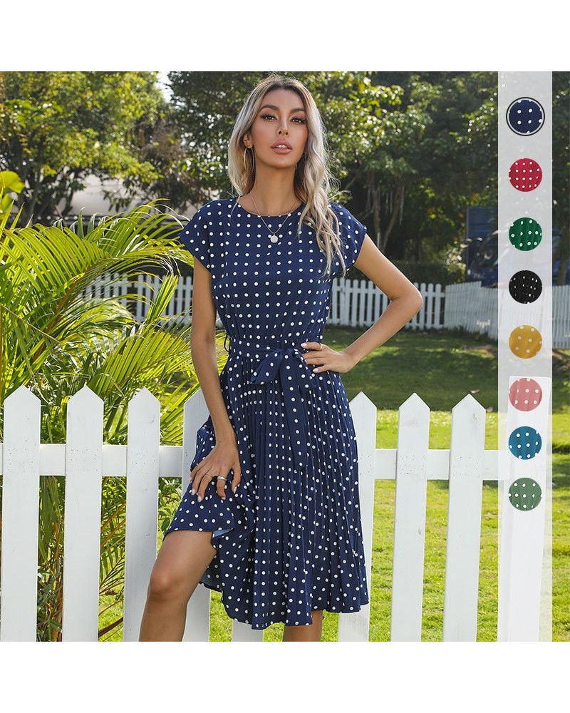 Vestido midi plisado de lunares, manga corta y cordones $35.69 Vestido