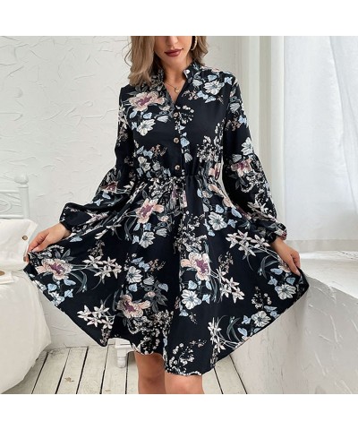 Vestido retro negro estampado de manga larga otoño e invierno. $34.68 Vestido