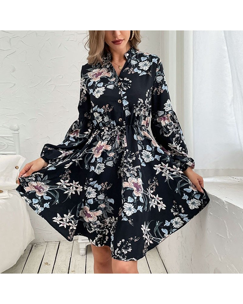 Vestido retro negro estampado de manga larga otoño e invierno. $34.68 Vestido