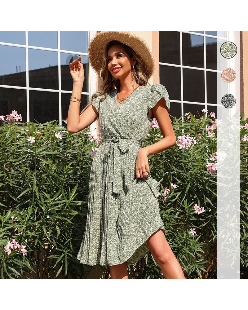 Vestido estampado plisado escote pico verde $31.82 Vestido