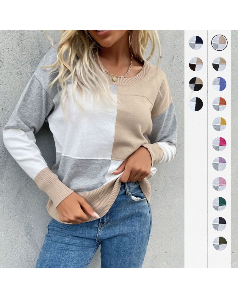 Jersey de punto de manga larga con cuello redondo y retazos de principios de otoño $31.86 Suéter femenino