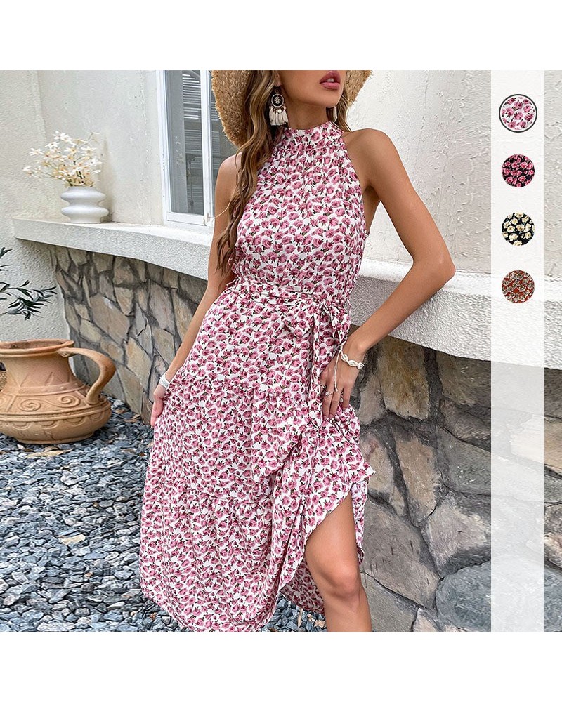 Vestido festivo con falda midi floral y cuello halter ajustado $43.06 Vestido