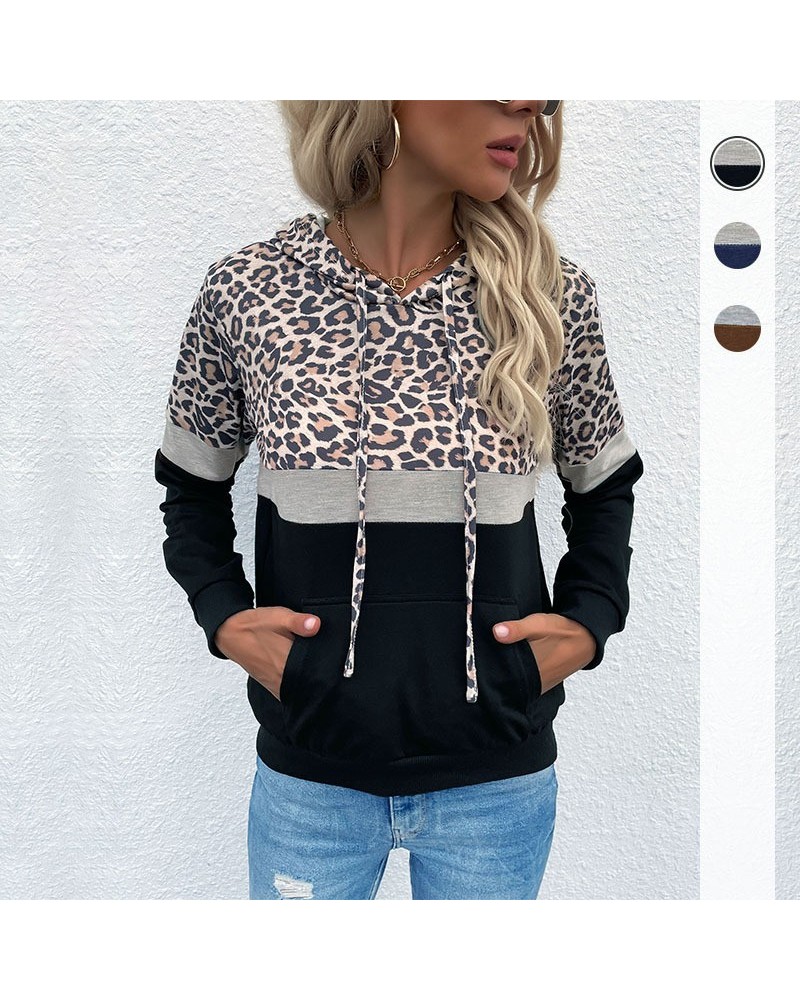 Sudadera con estampado de leopardo, capucha, cordón y bolsillos $30.42 Suéteres y suéteres para mujeres