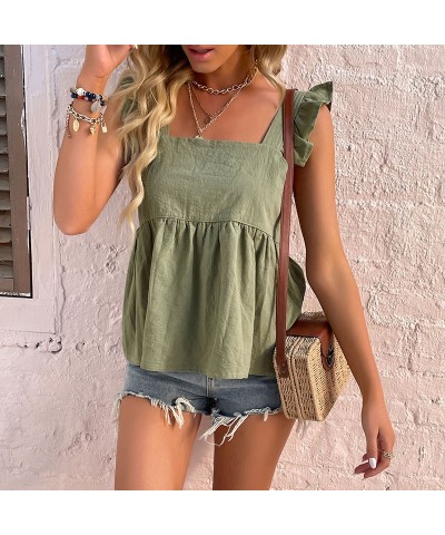 Top halter con cuello cuadrado y volantes verdes con tirantes sueltos de algodón y lino de color liso $29.17 Chalecos pequeño...