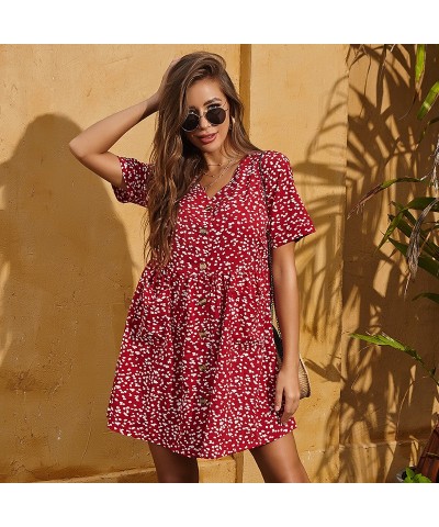 Vestido suelto floral de manga corta con cuello en V y botones $32.71 Vestido