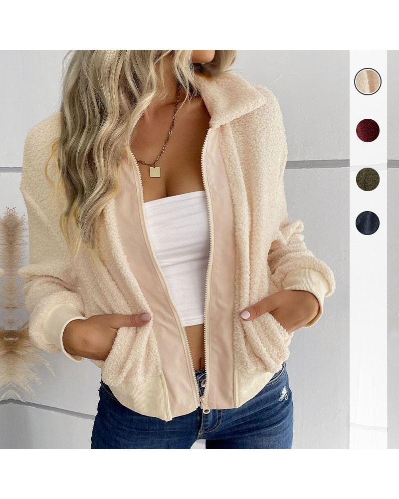 Elegante chaqueta sherpa de solapa de manga larga de color sólido $39.65 Suéteres y suéteres para mujeres