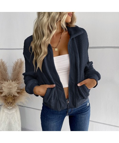 Elegante chaqueta sherpa de solapa de manga larga de color sólido $39.65 Suéteres y suéteres para mujeres