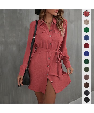 Vestido camisero francés con solapa de manga larga rojo de moda de principios de otoño $31.59 Vestido